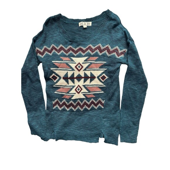 Pink Rose Women’s Lightweight Sweater Size Small - Teal Patterned Knit - Picture 1 of 5
